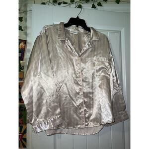 Miss elaine womens satin 3/4 sleeve pink striped button down pajama shirt sz LG